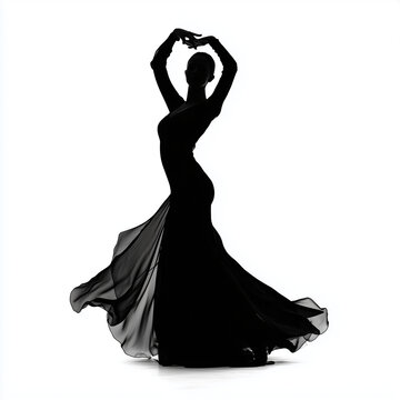 Black Silhouette Woman Dancing Long Dress Isolated on White Background