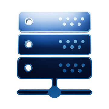 A 3D icon of a server rack or computer network storage system, rendered in a glossy blue finish with soft light reflections, isolated on a transparent background