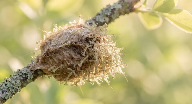 A cluster of newly hatched praying mantis nymphs emerging from an ootheca egg case