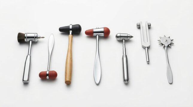 Set of medical diagnostic tools including reflex hammers, tuning fork, and neurological pinwheel isolated on white background