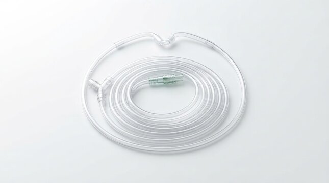 Clear nasal cannula oxygen tube for medical respiratory support, isolated on white background