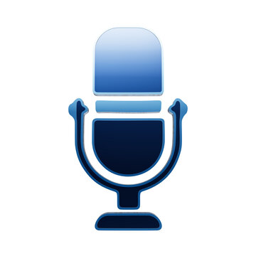 A 3D glossy blue icon of a classic studio microphone with a stand, isolated on a white background, for broadcasting, podcasting, and audio recording themes isolated on a transparent background
