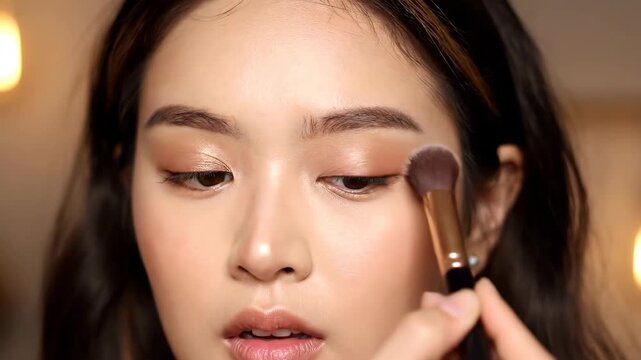 Close-up of female face makeup, daily eyeshadow makeup tutorial for girls