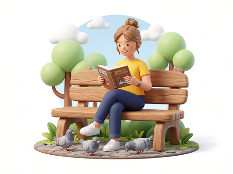 Young woman reading a book on a park bench surrounded by friendly pigeons