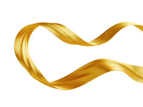 Golden silk ribbon flowing in a wave shape isolated on a white background with copy space