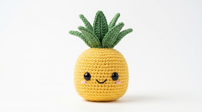Cute crochet pineapple plushie toy with a happy smiling face on a white background