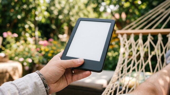 E-reader Blank Screen Mockup Held by Hand Near Hammock in Blooming Garden