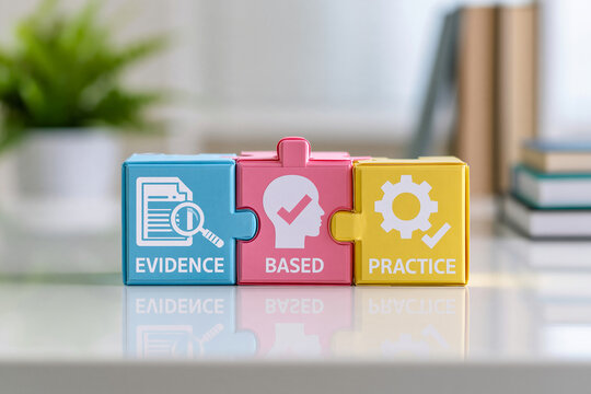 Colorful puzzle blocks displaying evidence-based practice concepts on a bright office desk.