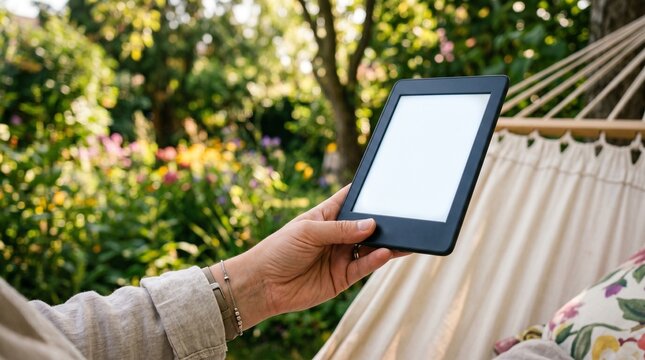 E-reader Blank Screen Mockup Held by Person Relaxing on Hammock in Flower Garden