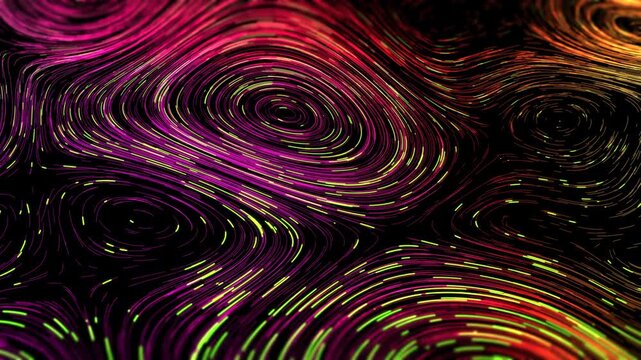 Abstract Luminous Streamline Vortex Background.An abstract visualization featuring bright flowing lines and particle trails forming multiple vortices and curved stream patterns on a dark background.