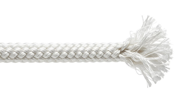 Thick white braided rope end with frayed fibers detail