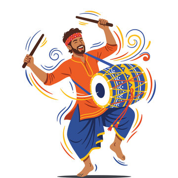 Energetic indian musician joyfully playing a large dhol drum with dynamic swirls and vibrant colors