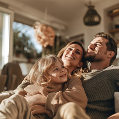 Obraz premium Happy family portrait in warm natural light showing joyful parents and child at home