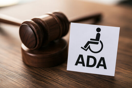 A wooden gavel resting next to a paper sign with the ADA accessibility symbol on a desk.