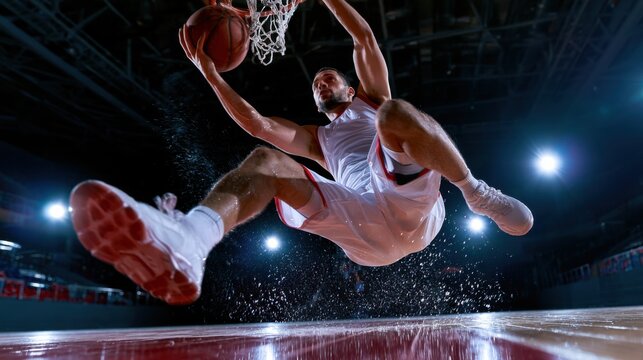 Powerful Slam Dunk in Mid-Air During a Game