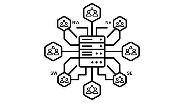 A black and white line art illustration showing a central server connected to multiple user group nodes representing a decentralized network or data system