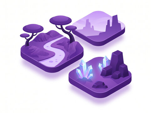 Isometric purple landscape icons for mobile game design with design element