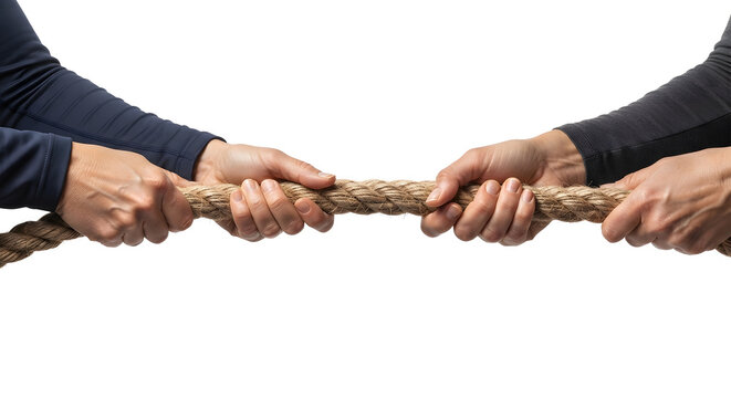 Two hands pulling rope in intense tug of war competition