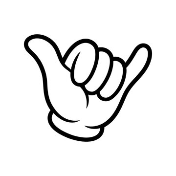 Cartoon hand gesture showing shaka sign isolated on white background