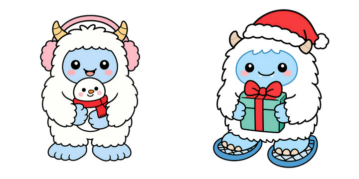 Cartoon sheep character holding toy, cartoon sheep character holding gift box in winter attire with cheerful expression
