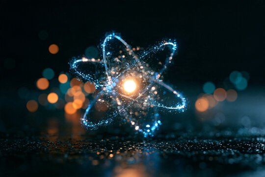 A glowing digital atom model floats over a reflective surface with beautiful bokeh lights.