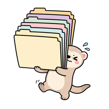 Cream colored folder stack carried by worried cartoon animal with colorful paper and sweat drops