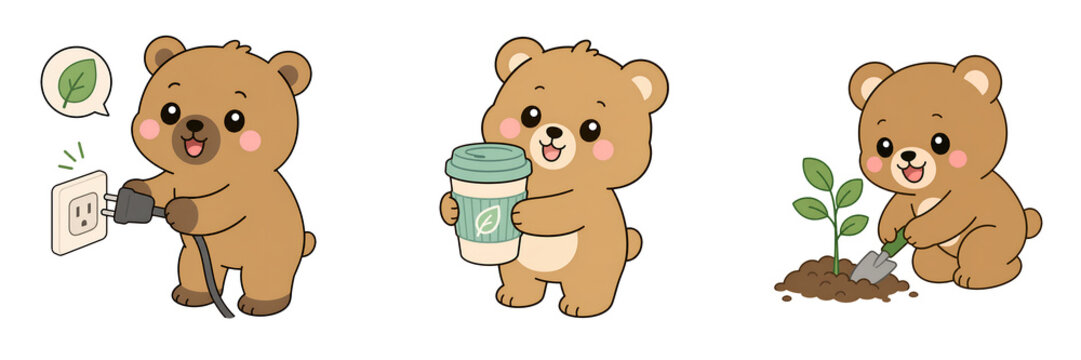 Cute bear eco energy coffee cup plant seedling sustainability cartoon bear with eco coffee cup and plug encouraging green energy and tree planting
