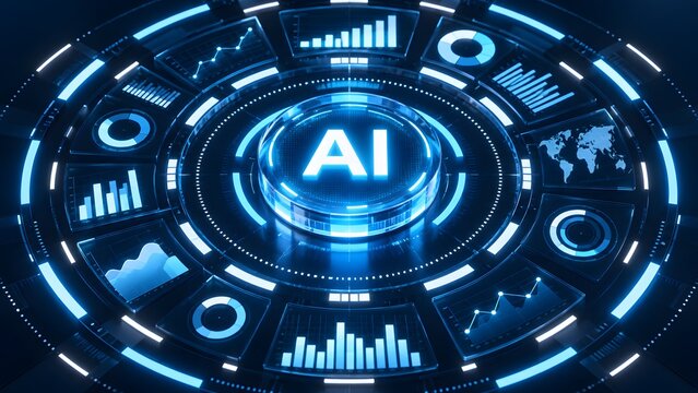 Futuristic artificial intelligence operating system interface displaying global data analytics and business performance metrics in a glowing circular dashboard