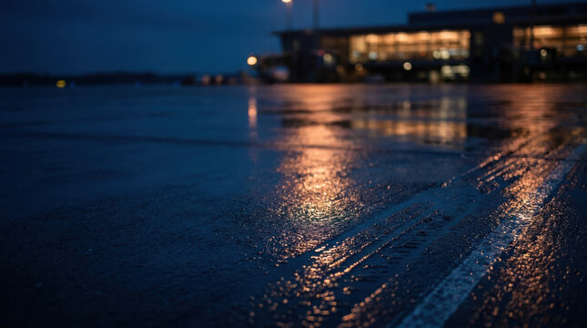 Wet tarmac runway reflection airport lights terminal building night scene moody atmosphere create apron glowing under dusk sky after rain