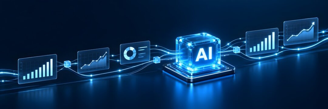 Continuous artificial intelligence data stream processing financial growth charts and business analytics along glowing digital network lines