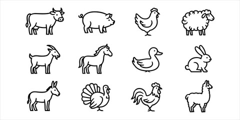 Obraz premium A collection of twelve black line of farm animals isolated on a plain white background, set de