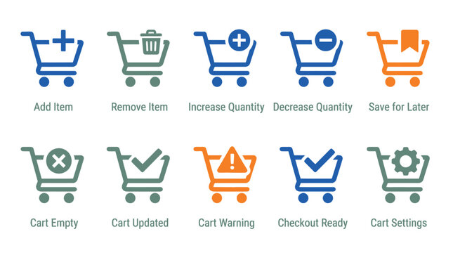 E-commerce shopping cart icons set, add remove item, increase decrease quantity, save for later, cart empty warning, checkout ready settings, blue orange green vector