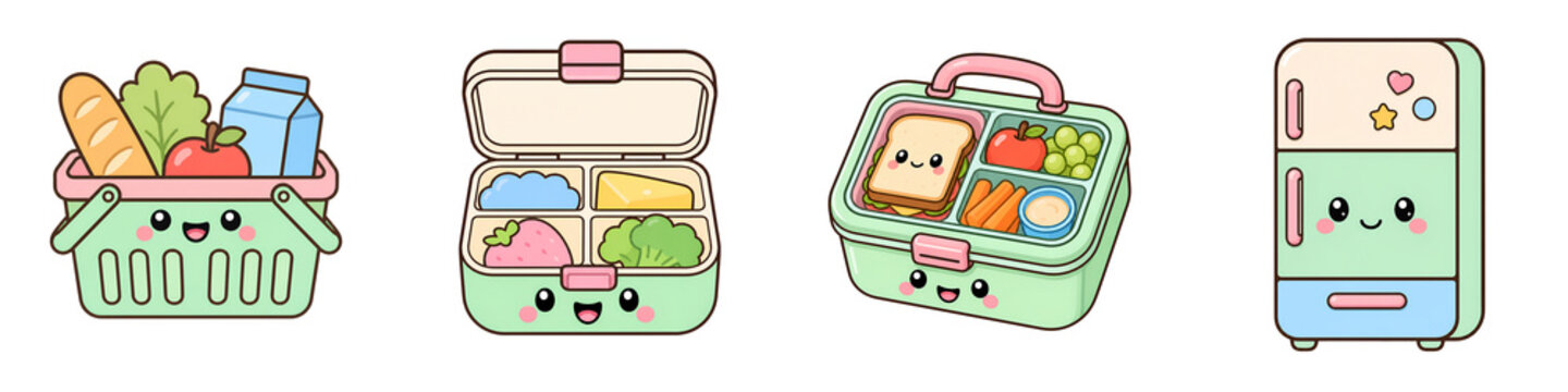 Illustration of kitchen lunch box, picnic basket, refrigerator, fruit, vegetable, and sandwich with cheerful expression