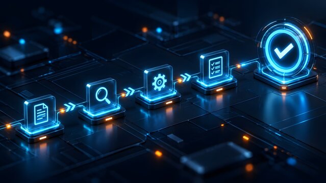 Automated digital workflow pipeline processing business documents through search analysis and final verification on a futuristic technology interface