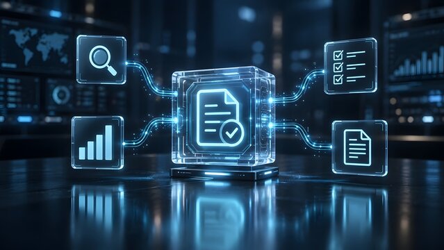 Futuristic transparent data cube processing automated corporate document compliance and financial auditing through a glowing cybernetic network