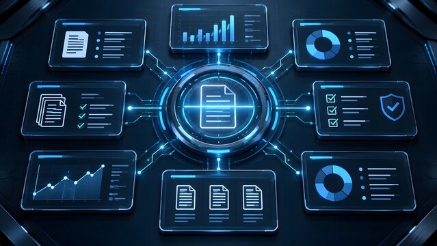 Centralized digital hub monitoring global corporate document compliance and automated financial data verification on a glowing cyber network