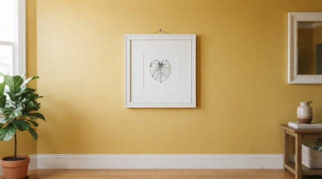Minimalist Interior Featuring A Framed Leaf Print On A Vibrant Mustard Yellow Wall With Houseplant And Wooden Side Table Decor Elements