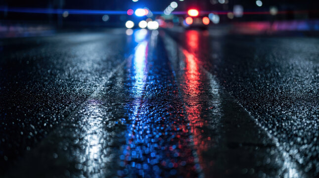 Police cruiser reflection asphalt street night light blur wet scene captured under emergency vehicle glare, highlight rain soaked roadway texture