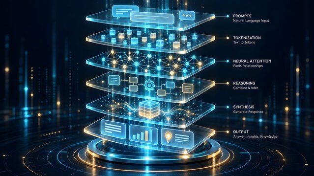 Isometric layered artificial intelligence architecture diagram illustrating the deep learning process from natural language prompt tokenization to final analytical output