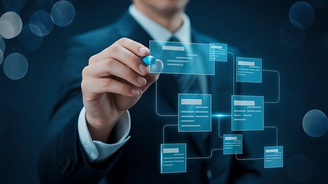 Businessman drawing a digital flowchart on a dark background with bokeh lights