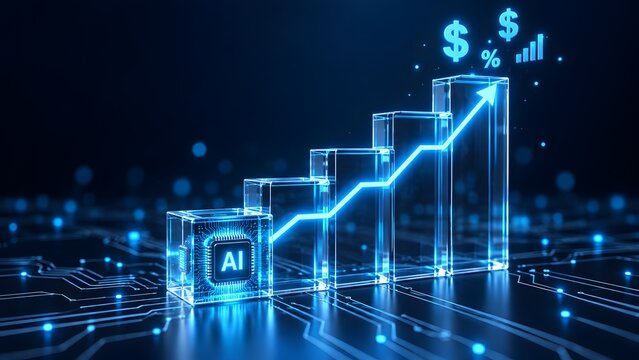 Glowing digital artificial intelligence cube driving a rising financial bar chart indicating exponential market growth and business success in a cyber network