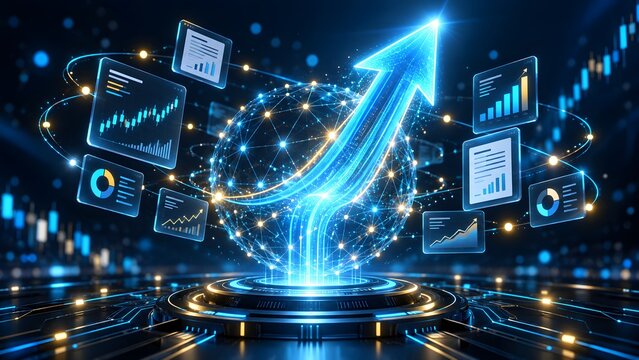 Glowing digital sphere emitting a massive upward trend arrow surrounded by financial dashboards representing exponential market growth driven by artificial intelligence
