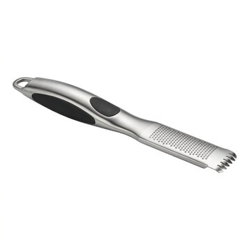 Stainless steel kitchen zester grater with a black and silver ergonomic handle, isolated on a white background, for culinary preparation tasks