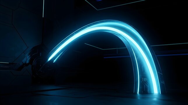 Futuristic glowing blue arch portal in a dark scifi digital environment with neon light lines and abstract geometric patterns