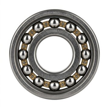 Industrial steel ball bearing with a metallic cage and polished spheres, isolated on a white background, for mechanical and, engineering applications