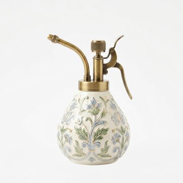Decorative vintage style glass plant mister with a brass pump mechanism and an intricate floral pattern, isolated on a plain white background