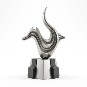 A silver metal abstract sculpture with flowing organic shapes, mounted on a tiered hexagonal base, isolated on a white background