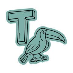Fototapeta premium Doodle sticker illustrations of letter T stands for Toucan