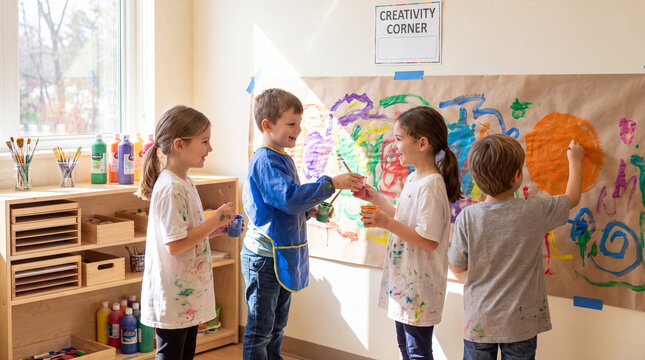 Children Collaborating on a Colorful Mural to Encourage Creativity and Teamwork