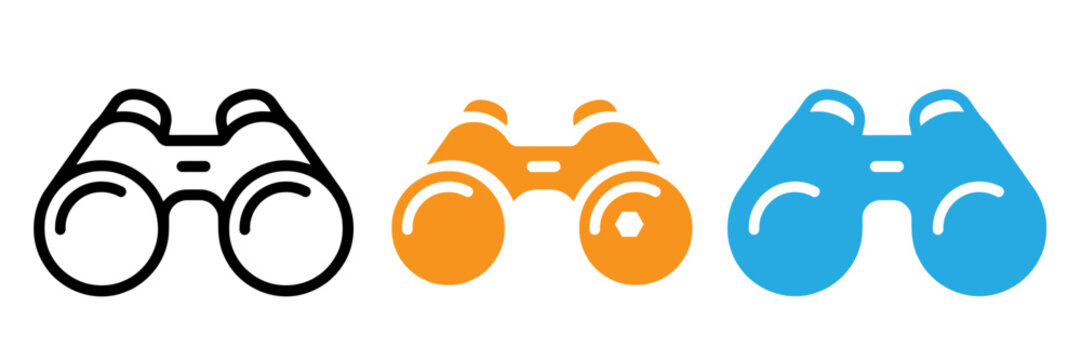 Binoculars icon set in black orange and blue flat design isolated vector illustration